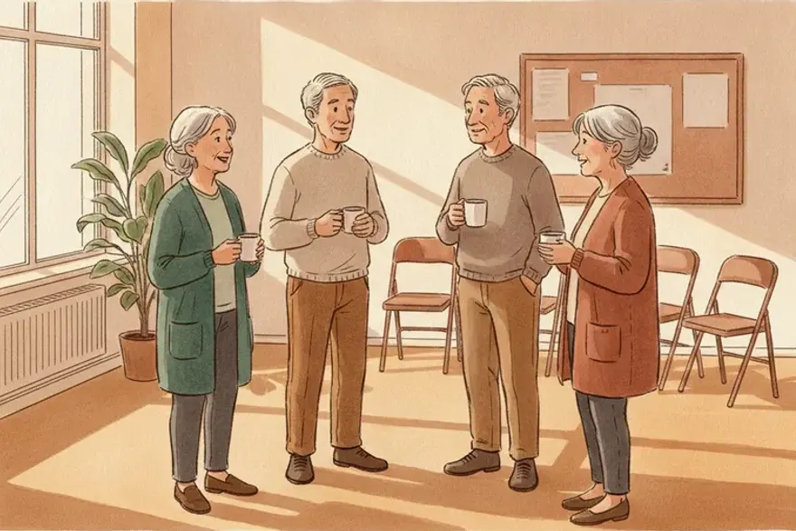 Drawn illustration of four people in their sixties and seventies standing with cups of tea in a sunlit community room after a session, a noticeboard and folding chairs behind them.