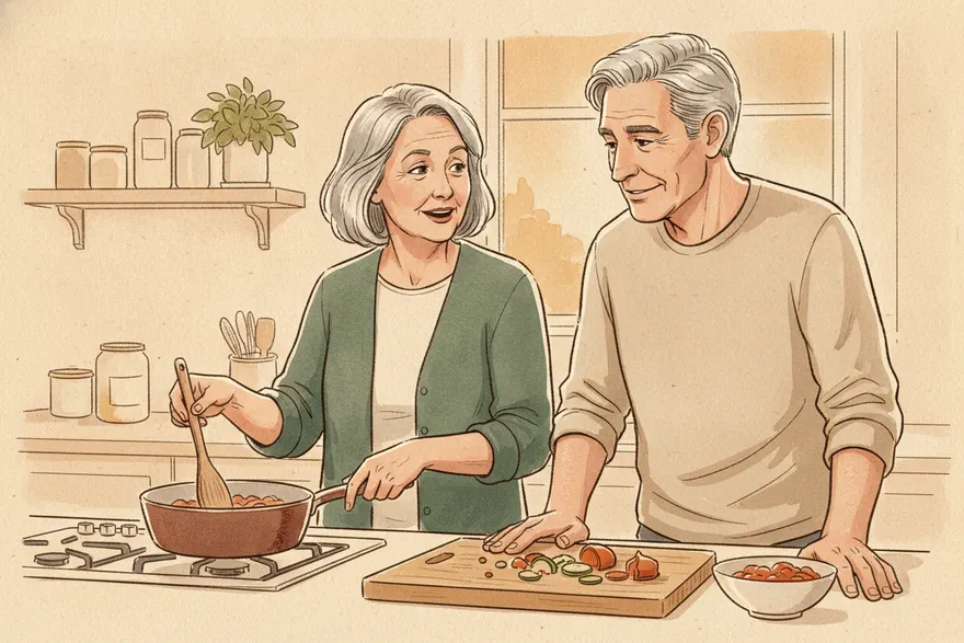 Drawn illustration of a woman and a man in their late sixties making supper together in a home kitchen, she at the hob with a wooden spoon, he across the counter mid-sentence.