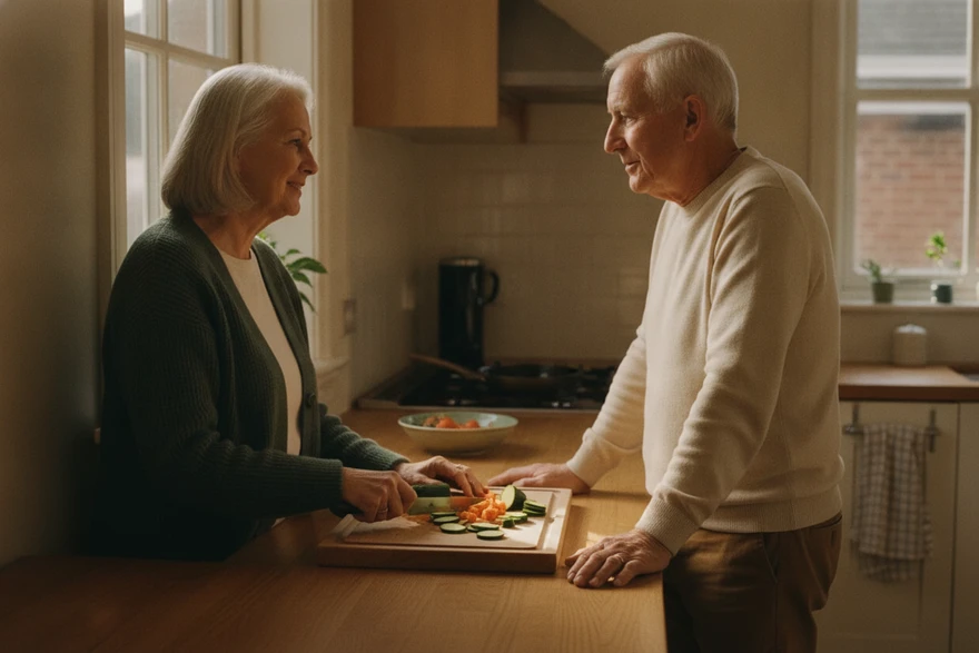 Two people in their late sixties cooking together in a home kitchen on an ordinary evening, one slicing vegetables at the worktop while the other stands across the counter talking.