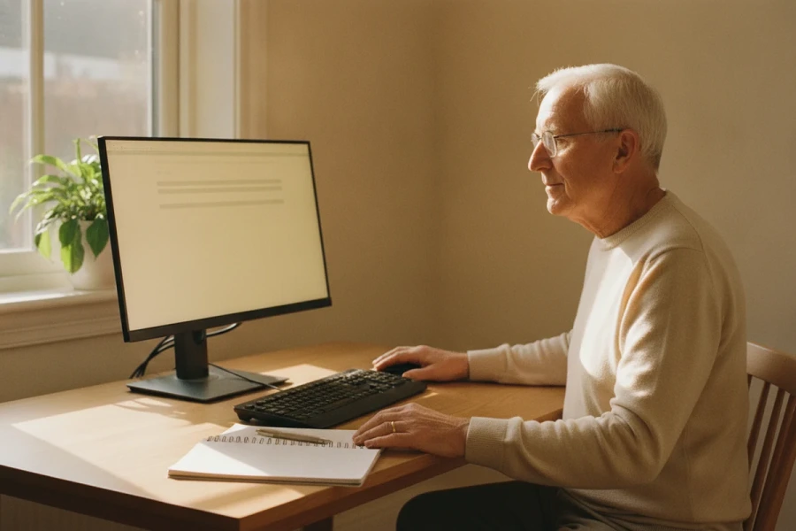 Photorealistic illustration of a man in his seventies at a home writing desk, using a desktop computer with a separate monitor turned at an angle and a full-size keyboard, both hands resting on the desk, an open notebook and a pen beside him in warm window light.