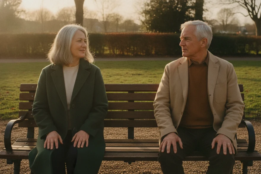 AI-generated image of two people in their sixties sitting at either end of a park bench in late afternoon light, talking.