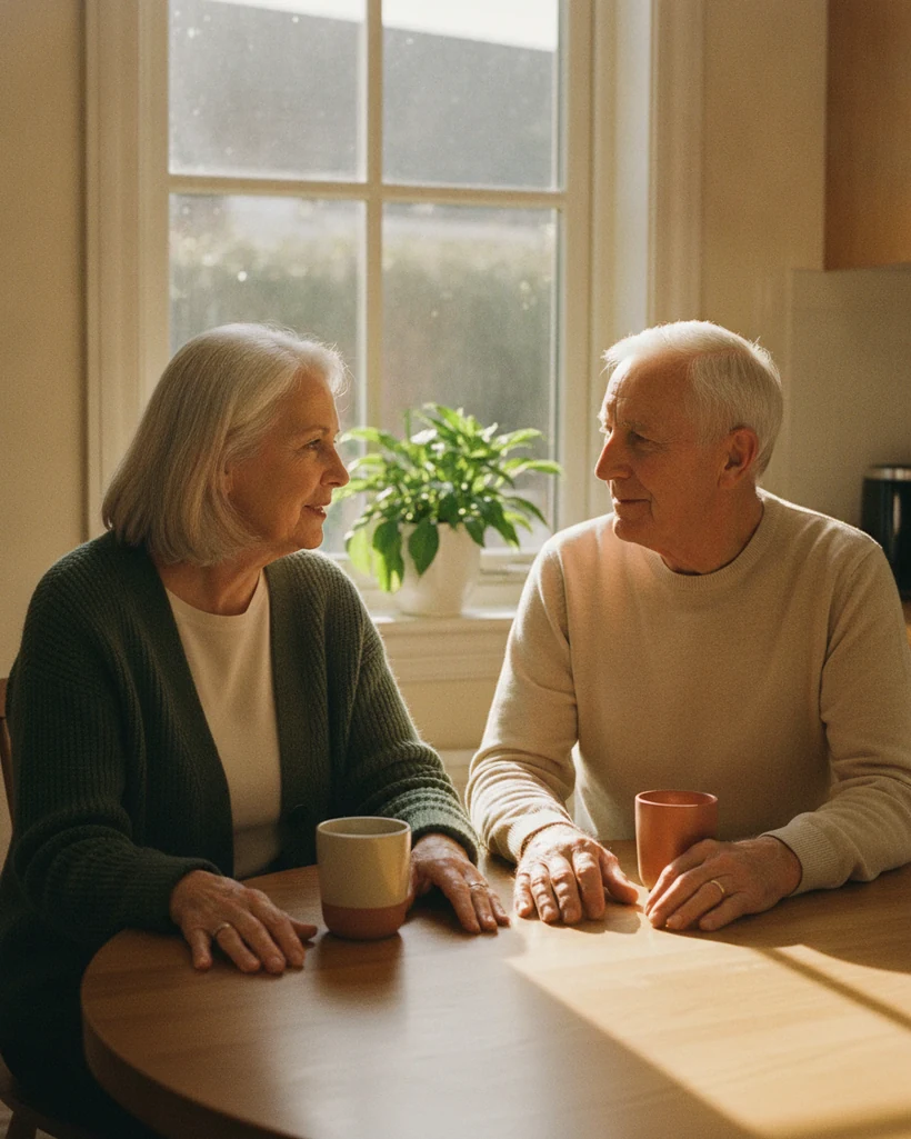 AI-generated image of two people in their late sixties sitting at a small kitchen table in morning light, talking over cups of coffee.