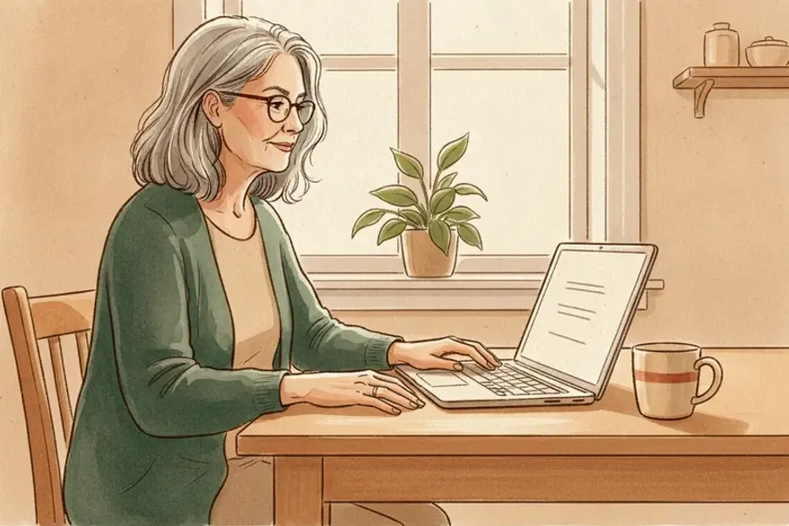 Drawn illustration of a woman in her sixties at a kitchen table in morning light, working through a sign-up form on a laptop, a mug beside her and a plant on the windowsill.