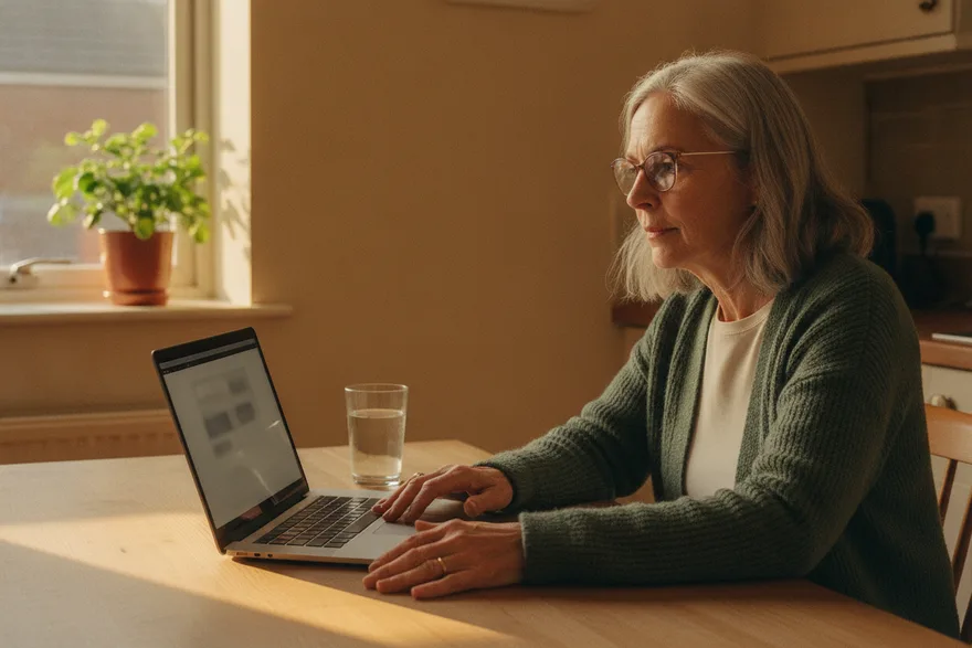 AI-generated image of a woman in her sixties at a kitchen table working through a sign-up form on a laptop, a mug beside her.