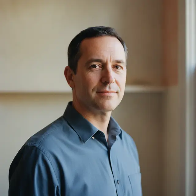 A man in his mid-forties in a plain slate-blue shirt, turned three-quarters away from the camera with his eyes back to the lens, in soft window light, with a blurred cream wall and the edge of a shelf behind him.