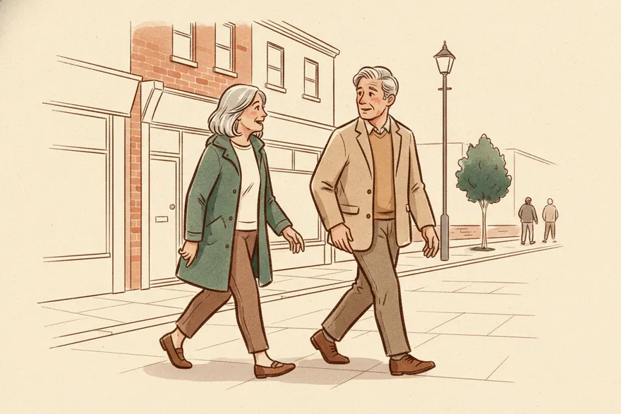 Drawn illustration of a woman and a man in their sixties walking and talking along an ordinary town street in daylight, an arm's width of pavement between them.