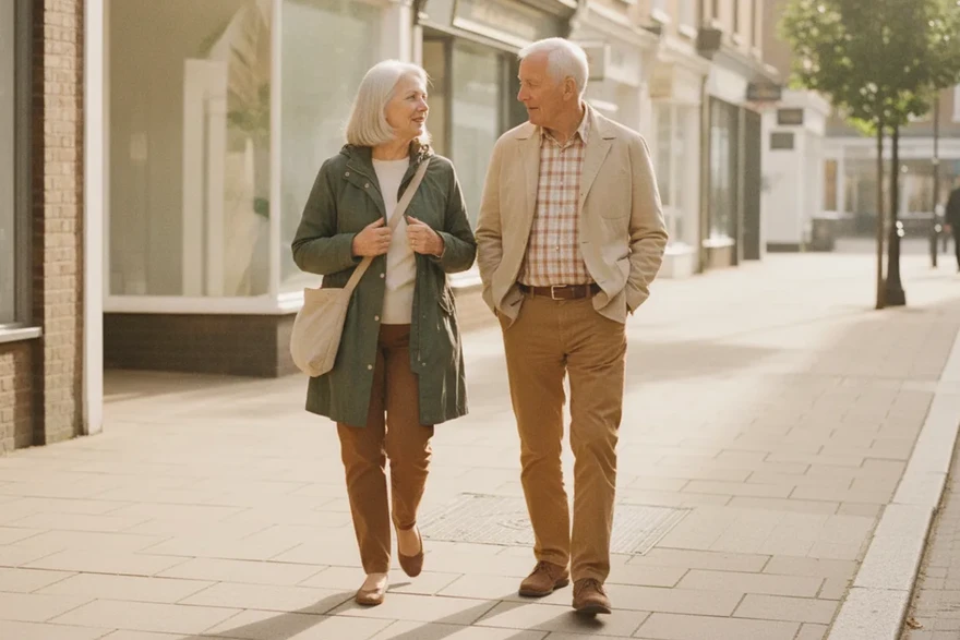 AI-generated image of a woman and a man in their sixties walking along an ordinary street, mid-conversation.